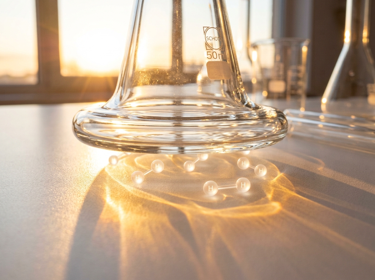 Laboratory glassware with molecular structures