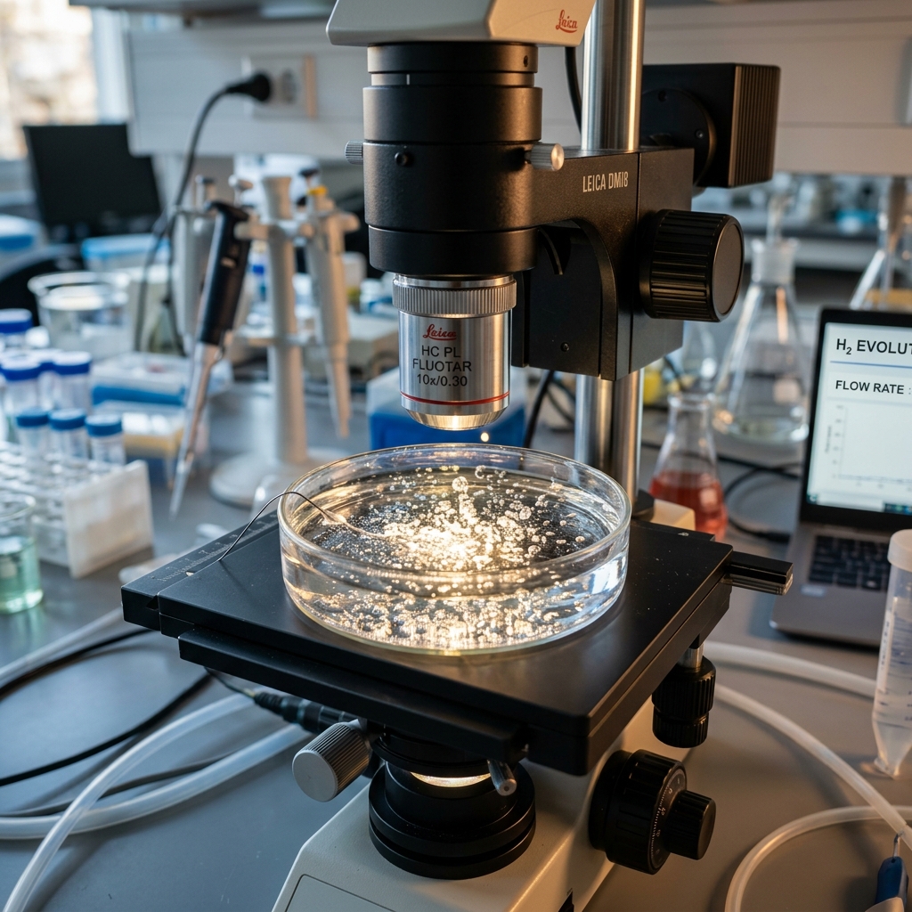 Laboratory microscope focusing on hydrogen bubbles